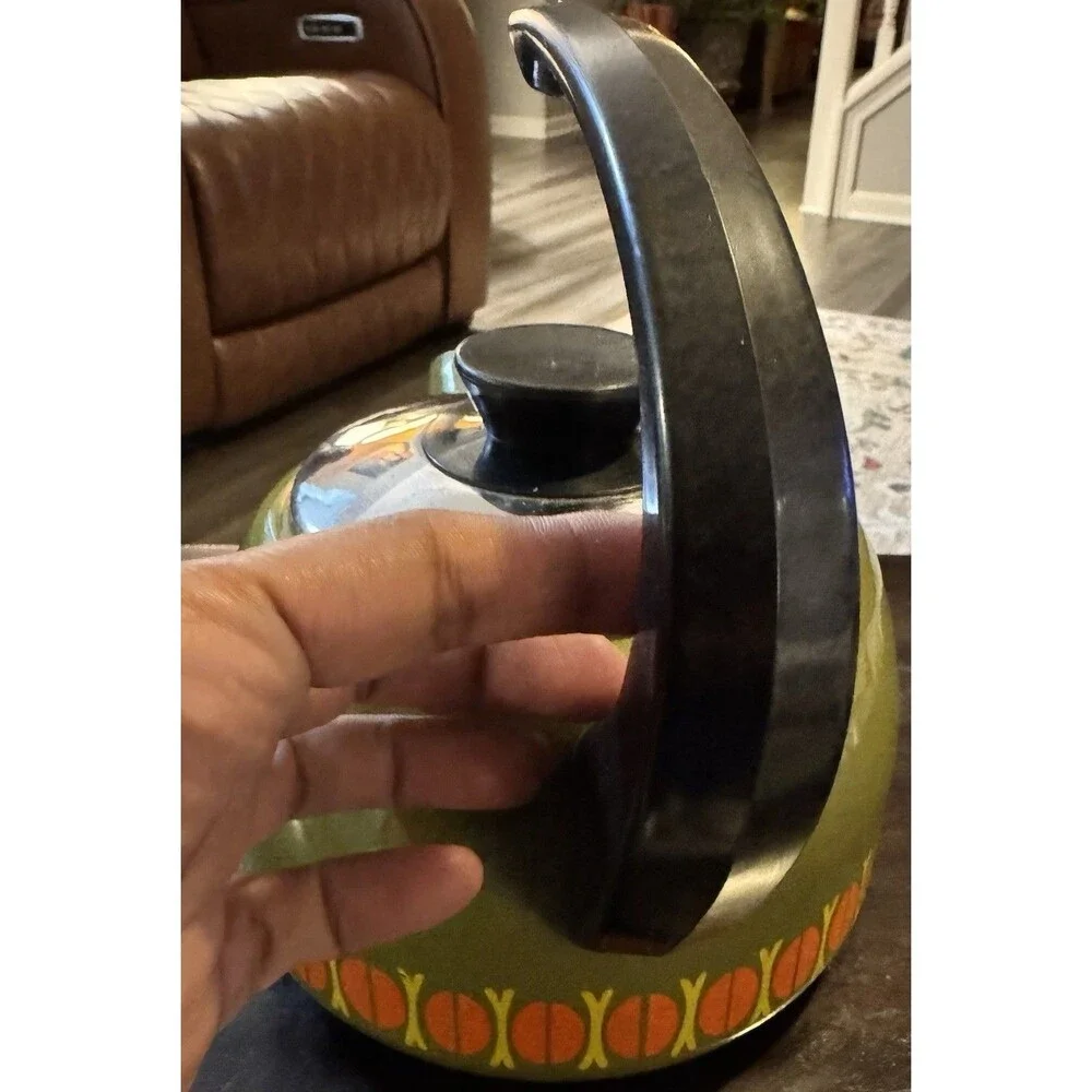 VTG 1960s enamel Teapot made in Austria Avocado Green - Orange Arching Handle